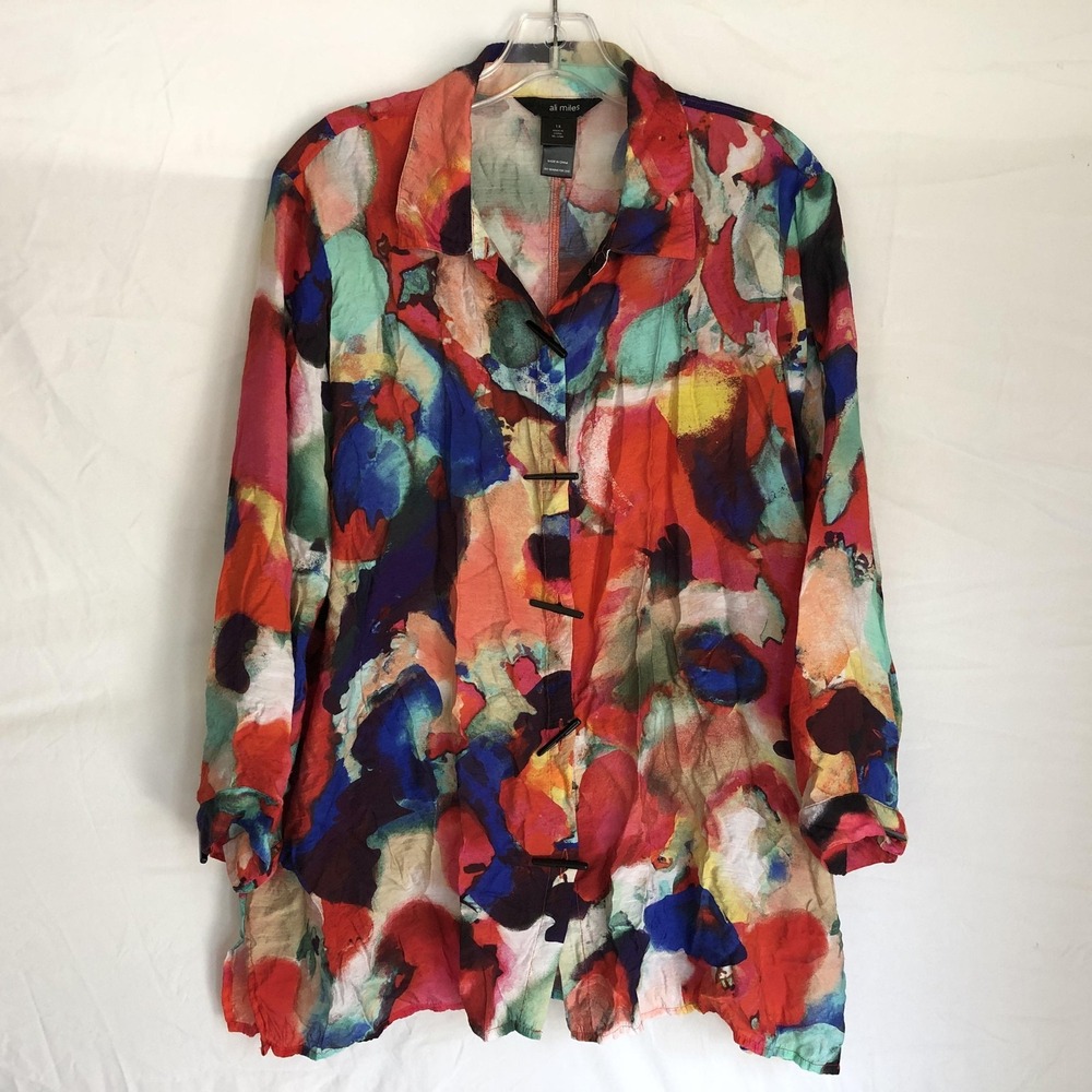 Ali Miles Shirt Womens 1X Multicolor Abstract Art Print Toggle Tunic Top Boho
